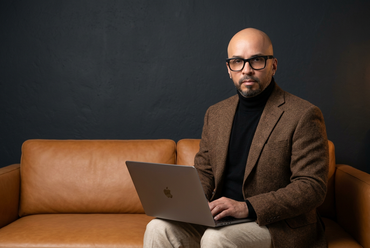 Waldo Serrano sentado en un sofá trabajando en su portátil